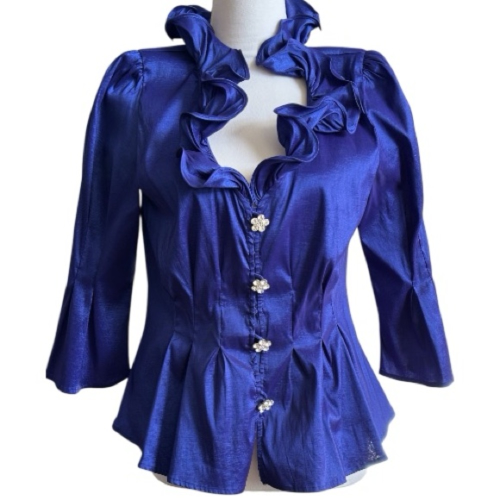 CHETTA B  Women's Festive Blue Taffeta Ruffled Blouse & Rhinestone Buttons (6)